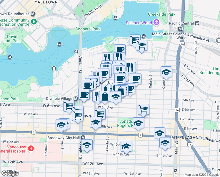 map of restaurants, bars, coffee shops, grocery stores, and more near 308 West 2nd Avenue in Vancouver