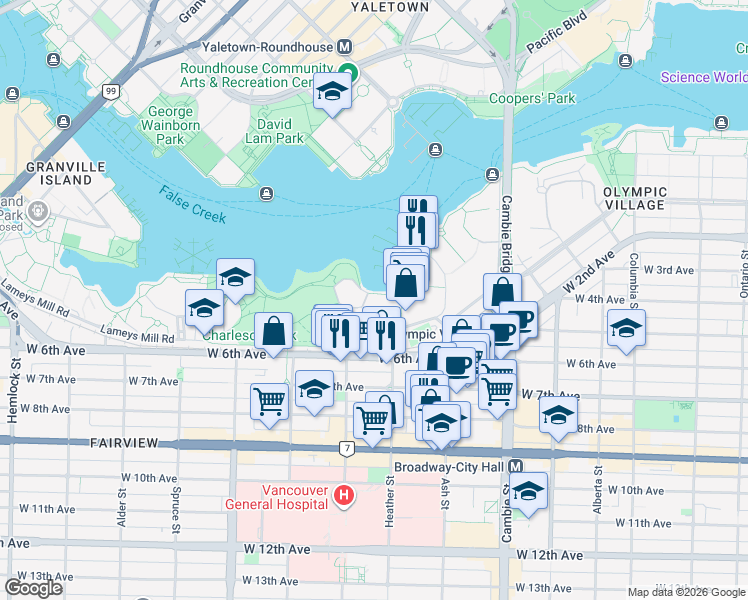 map of restaurants, bars, coffee shops, grocery stores, and more near in Vancouver
