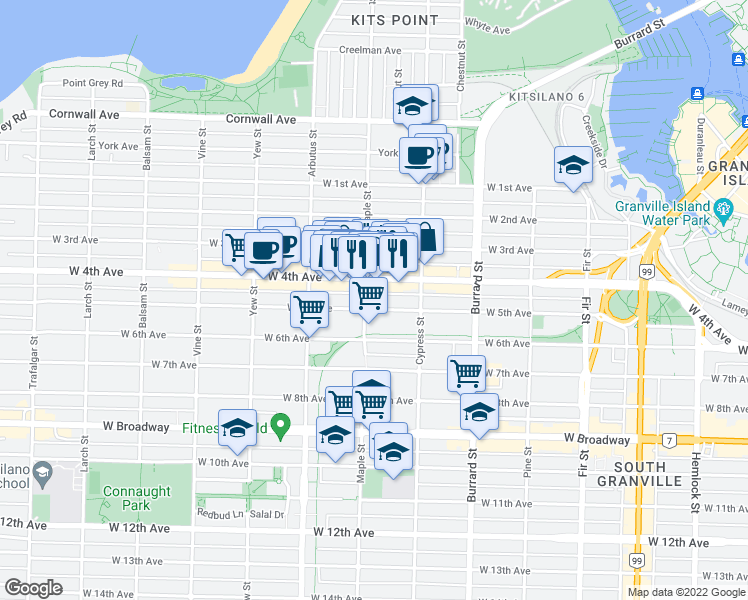 map of restaurants, bars, coffee shops, grocery stores, and more near 1962 West 4th Avenue in Vancouver