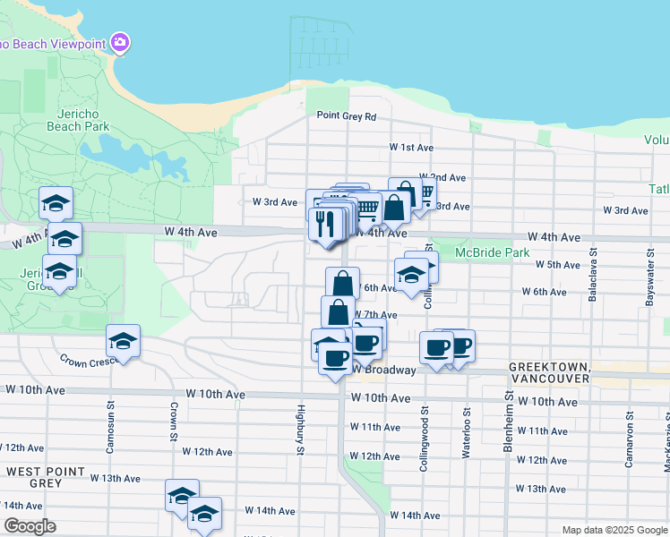 map of restaurants, bars, coffee shops, grocery stores, and more near in Vancouver