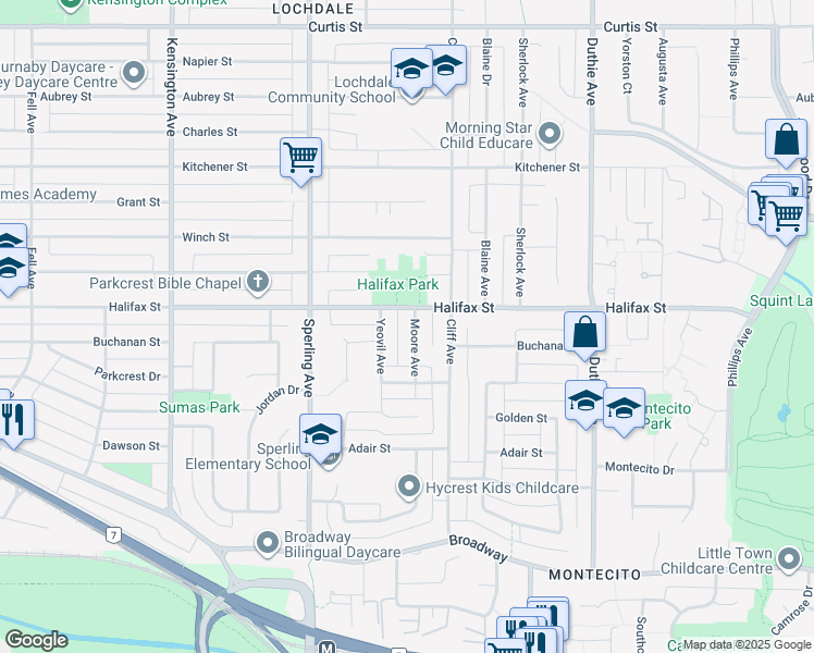 map of restaurants, bars, coffee shops, grocery stores, and more near 1841 Moore Avenue in Burnaby