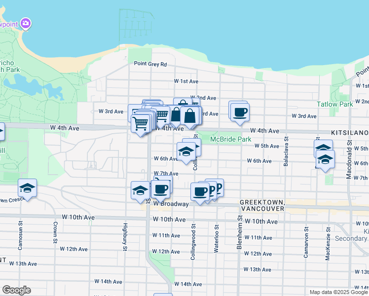 map of restaurants, bars, coffee shops, grocery stores, and more near 3540 West 5th Avenue in Vancouver