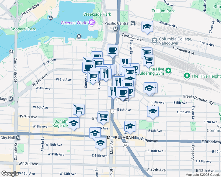 map of restaurants, bars, coffee shops, grocery stores, and more near 237 East 4th Avenue in Vancouver