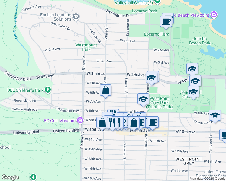 map of restaurants, bars, coffee shops, grocery stores, and more near 4565 West 6th Avenue in Vancouver