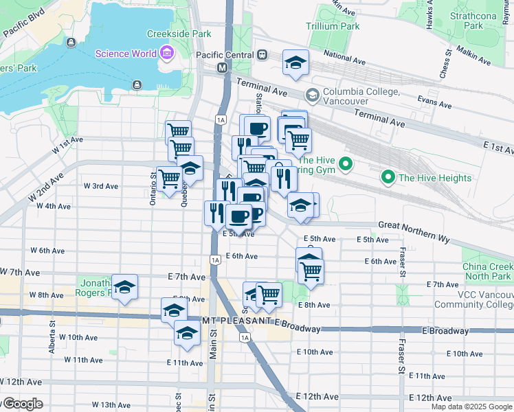 map of restaurants, bars, coffee shops, grocery stores, and more near 1908 Scotia Street in Vancouver
