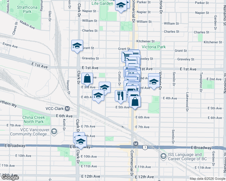 map of restaurants, bars, coffee shops, grocery stores, and more near 1552 East 3rd Avenue in Vancouver