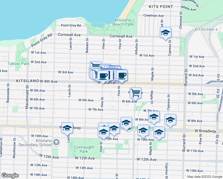 map of restaurants, bars, coffee shops, grocery stores, and more near 2243 West 5th Avenue in Vancouver