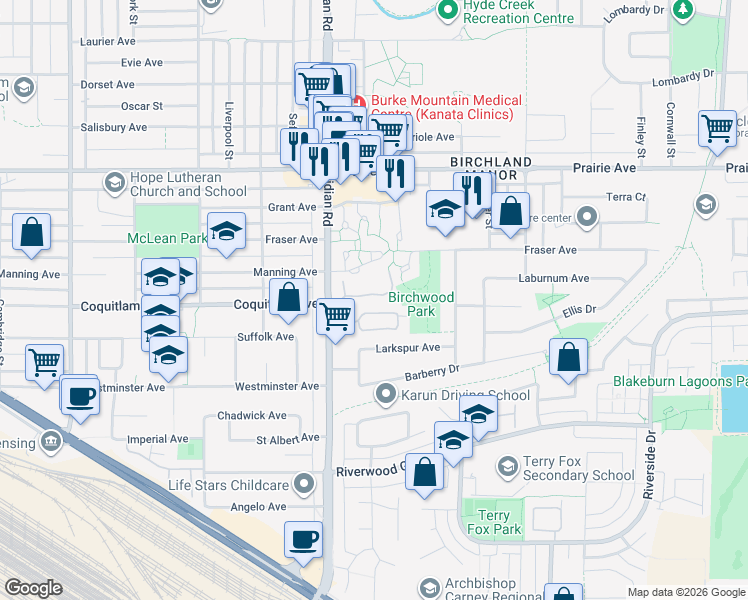 map of restaurants, bars, coffee shops, grocery stores, and more near 39 Coquitlam Avenue in Port Coquitlam