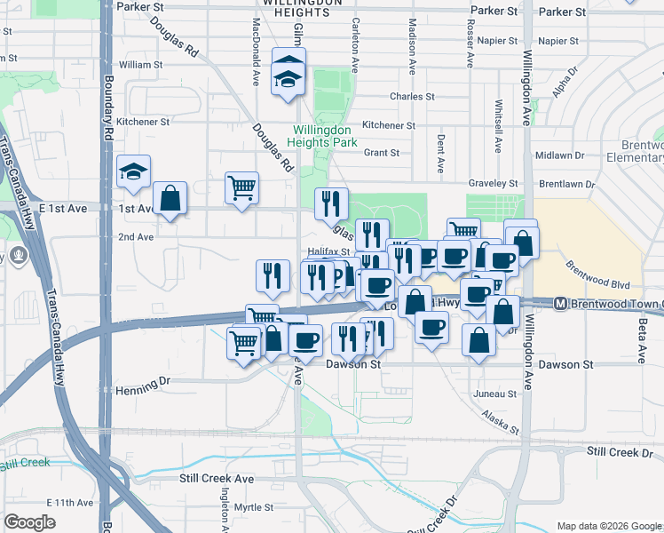 map of restaurants, bars, coffee shops, grocery stores, and more near 4132 Halifax Street in Burnaby