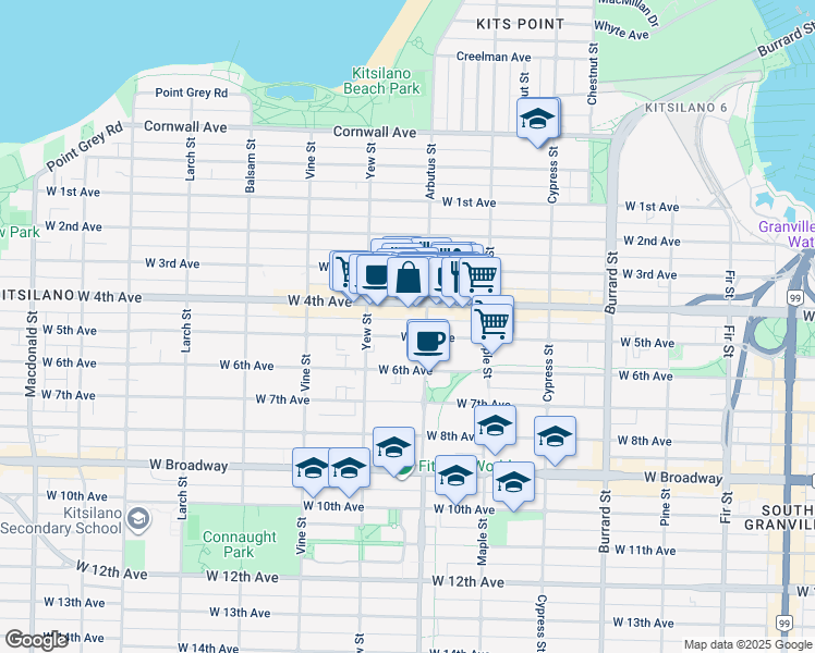 map of restaurants, bars, coffee shops, grocery stores, and more near 2121 West 5th Avenue in Vancouver