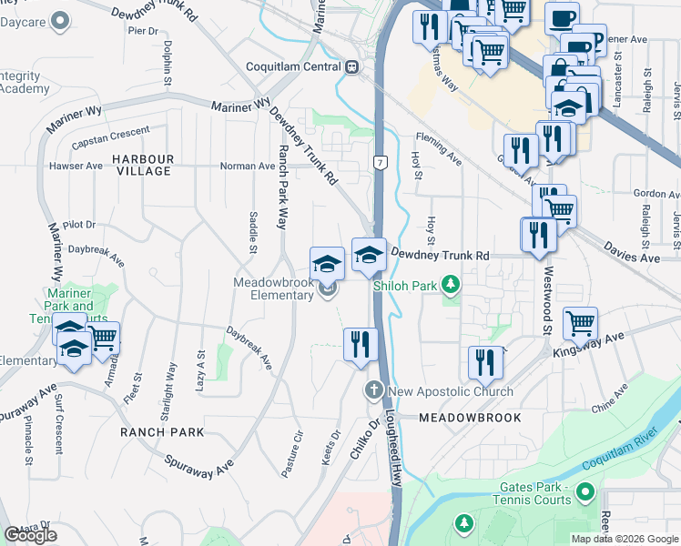 map of restaurants, bars, coffee shops, grocery stores, and more near 2931 Burton Court in Coquitlam