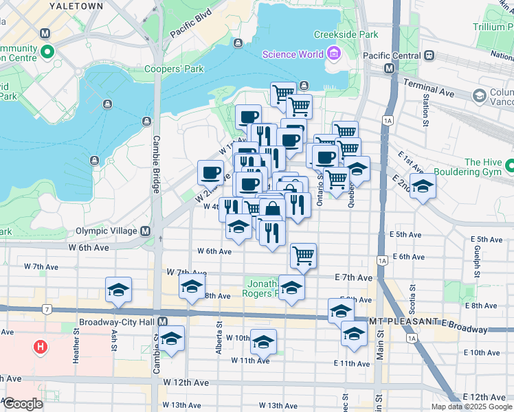 map of restaurants, bars, coffee shops, grocery stores, and more near 153 West 4th Avenue in Vancouver