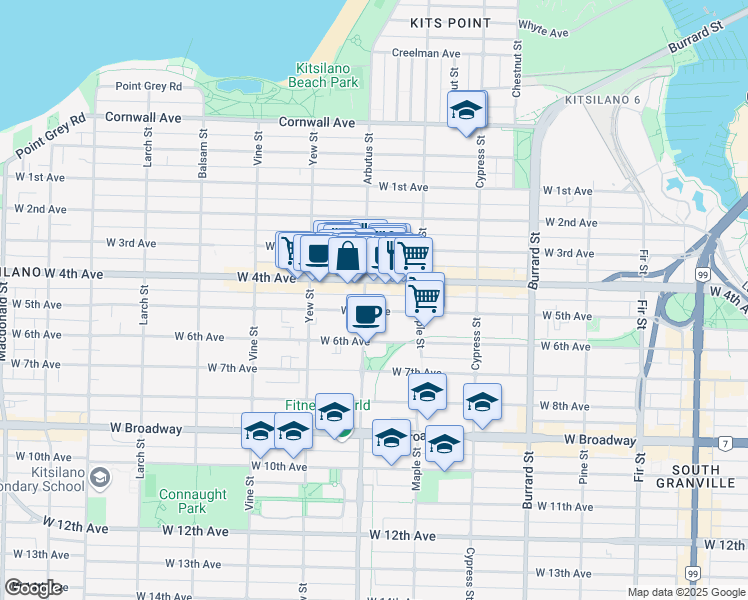 map of restaurants, bars, coffee shops, grocery stores, and more near 2085 West 5th Avenue in Vancouver