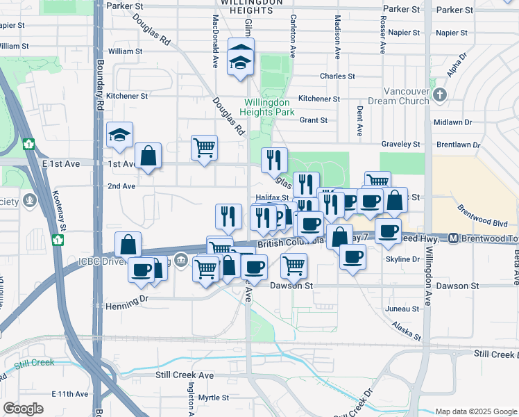 map of restaurants, bars, coffee shops, grocery stores, and more near in Burnaby