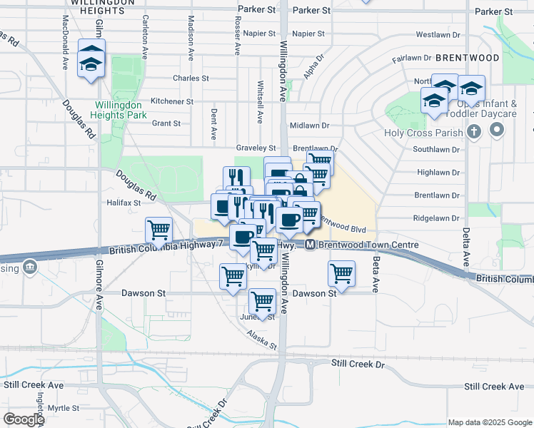 map of restaurants, bars, coffee shops, grocery stores, and more near 4461 Buchanan Street in Burnaby