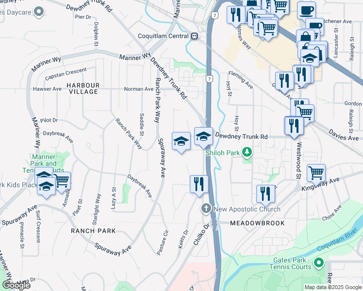 map of restaurants, bars, coffee shops, grocery stores, and more near 2927 Burton Court in Coquitlam