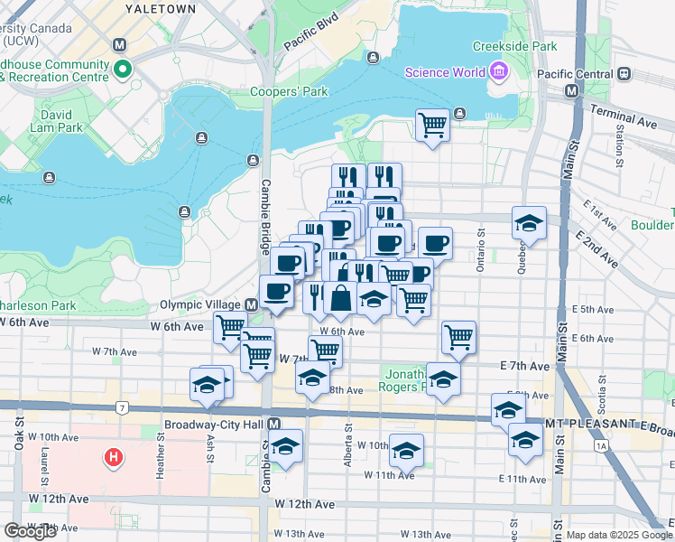 map of restaurants, bars, coffee shops, grocery stores, and more near 308 West 2nd Avenue in Vancouver
