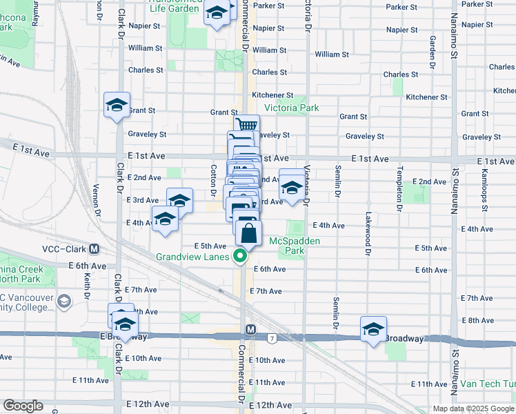 map of restaurants, bars, coffee shops, grocery stores, and more near 1732 East 3rd Avenue in Vancouver