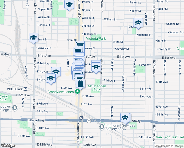 map of restaurants, bars, coffee shops, grocery stores, and more near 1816 East 3rd Avenue in Vancouver