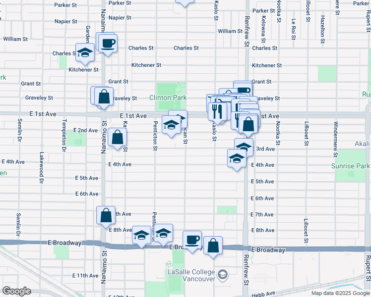 map of restaurants, bars, coffee shops, grocery stores, and more near 2703 East 3rd Avenue in Vancouver