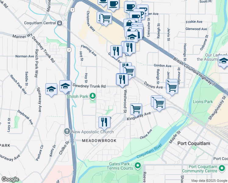 map of restaurants, bars, coffee shops, grocery stores, and more near 962 Cherrybrook Place in Coquitlam