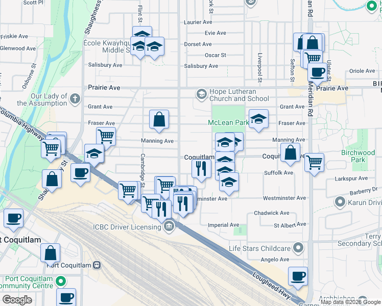 map of restaurants, bars, coffee shops, grocery stores, and more near 1861 Coquitlam Avenue in Port Coquitlam