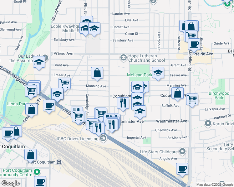 map of restaurants, bars, coffee shops, grocery stores, and more near 1861 Coquitlam Avenue in Port Coquitlam