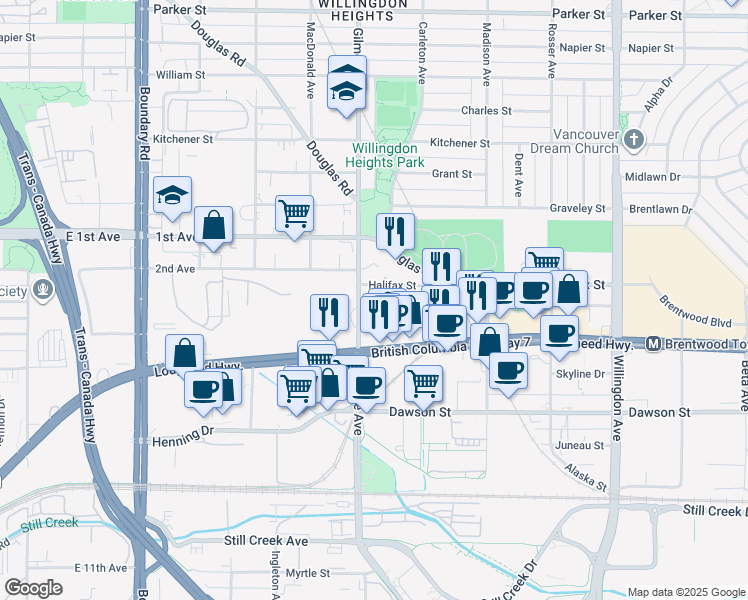 map of restaurants, bars, coffee shops, grocery stores, and more near in Burnaby