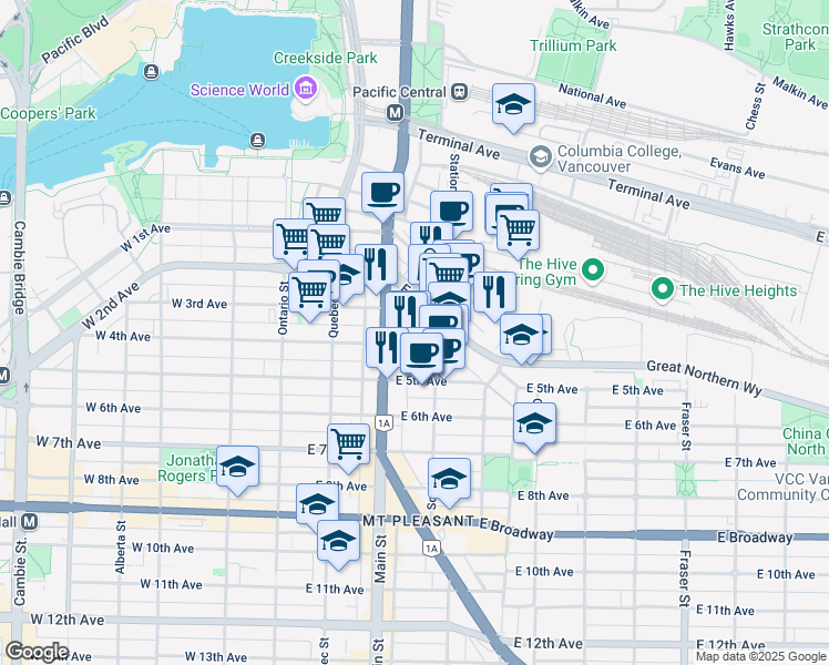 map of restaurants, bars, coffee shops, grocery stores, and more near in Vancouver