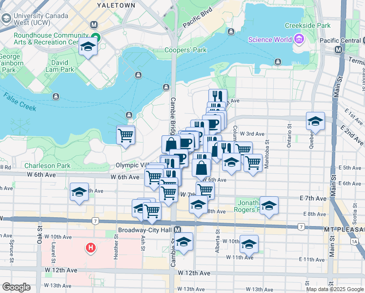map of restaurants, bars, coffee shops, grocery stores, and more near 430 West 2nd Avenue in Vancouver