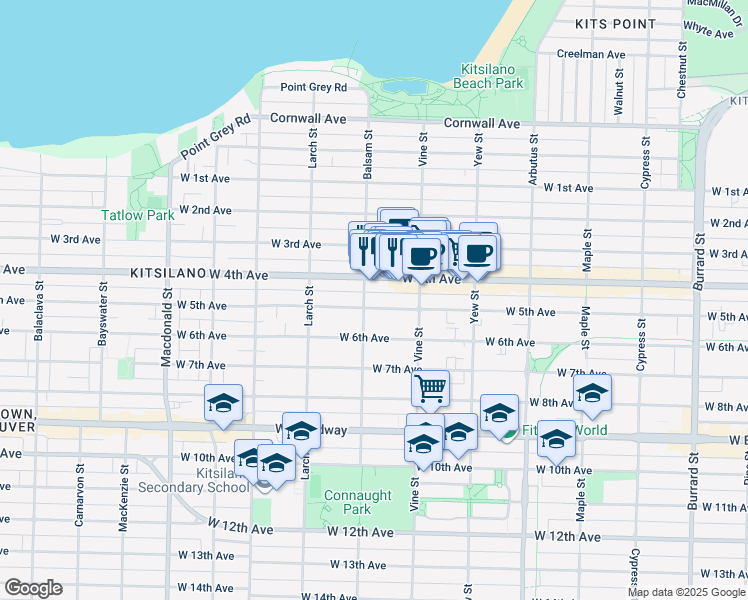 map of restaurants, bars, coffee shops, grocery stores, and more near in Vancouver