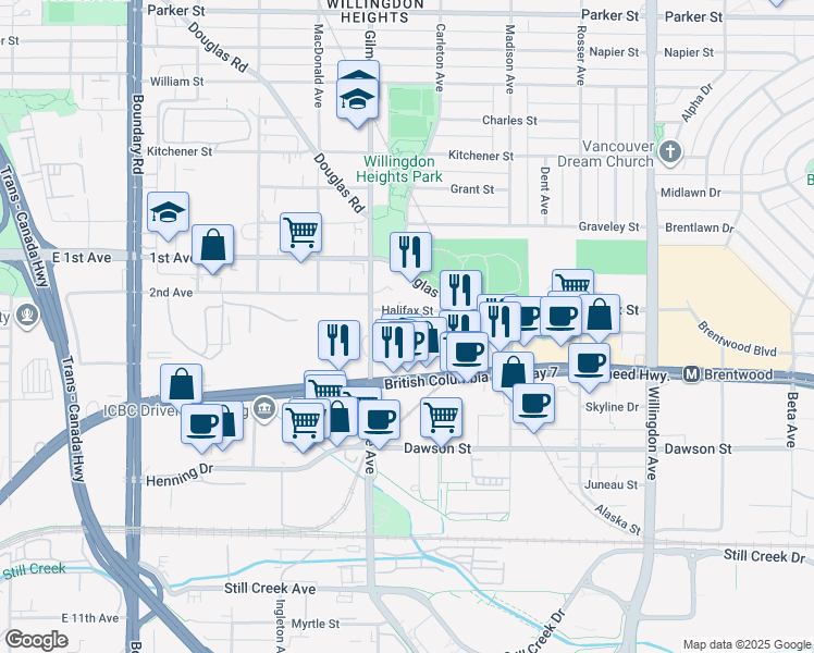 map of restaurants, bars, coffee shops, grocery stores, and more near 4132 Halifax Street in Burnaby