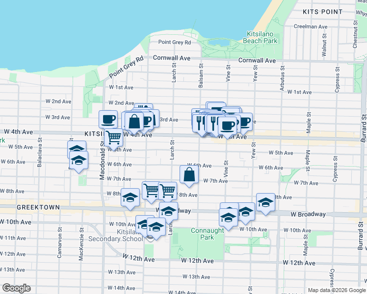 map of restaurants, bars, coffee shops, grocery stores, and more near 2457 West 5th Avenue in Vancouver
