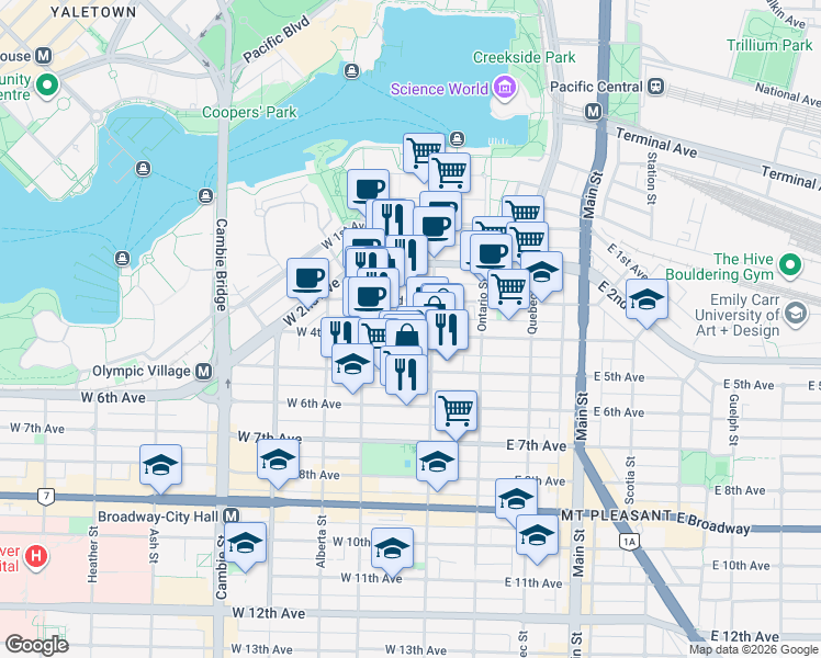 map of restaurants, bars, coffee shops, grocery stores, and more near 131 West 4th Avenue in Vancouver