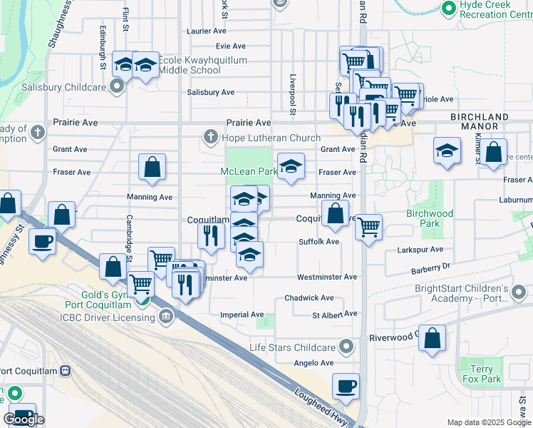 map of restaurants, bars, coffee shops, grocery stores, and more near 3023 Wellington Street in Port Coquitlam