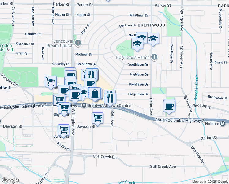 map of restaurants, bars, coffee shops, grocery stores, and more near 4701 Ridgelawn Drive in Burnaby