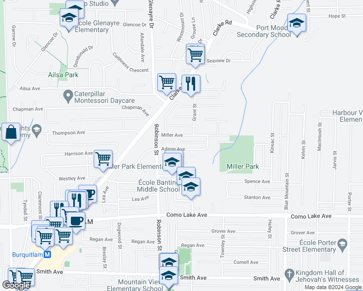 map of restaurants, bars, coffee shops, grocery stores, and more near 771 Adiron Avenue in Coquitlam