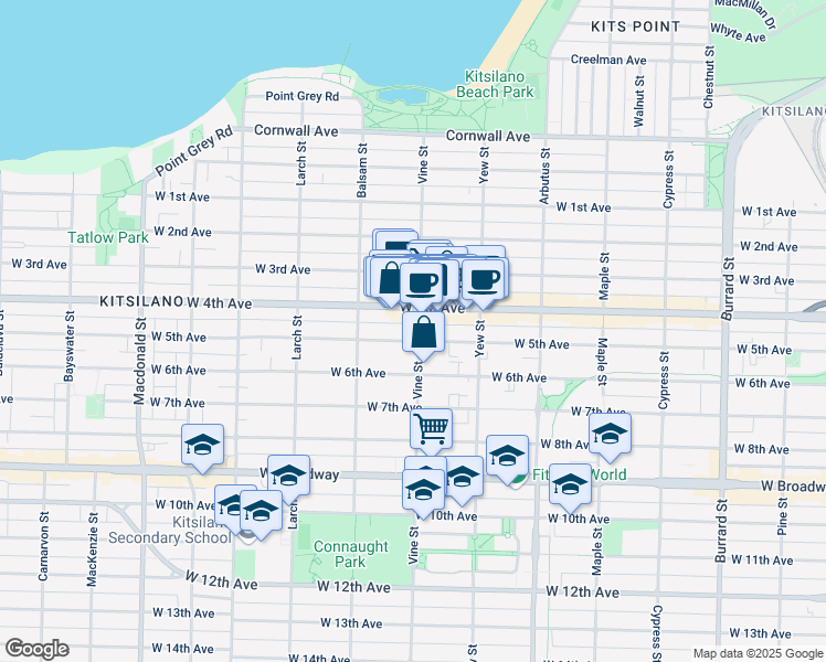map of restaurants, bars, coffee shops, grocery stores, and more near 2091 Vine Street in Vancouver