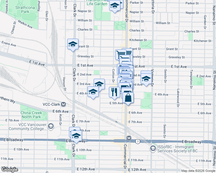 map of restaurants, bars, coffee shops, grocery stores, and more near 1552 East 3rd Avenue in Vancouver