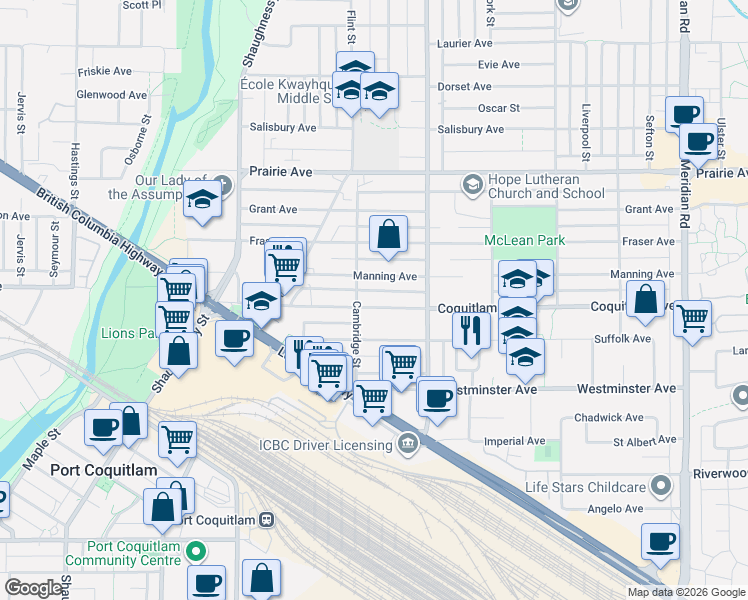 map of restaurants, bars, coffee shops, grocery stores, and more near 1975 Coquitlam Avenue in Port Coquitlam
