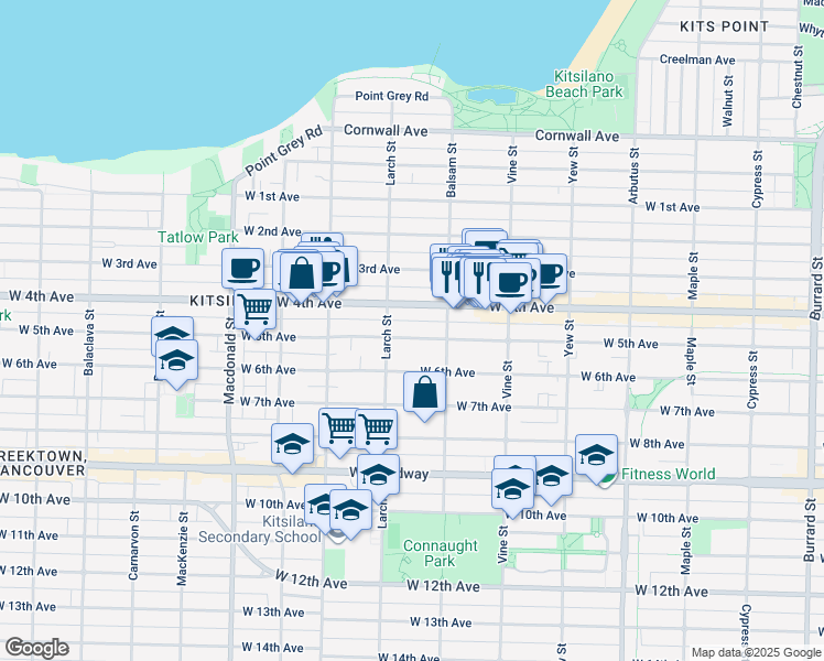 map of restaurants, bars, coffee shops, grocery stores, and more near 2457 West 5th Avenue in Vancouver