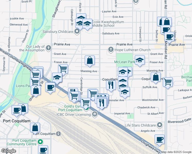 map of restaurants, bars, coffee shops, grocery stores, and more near 1927 Coquitlam Avenue in Port Coquitlam