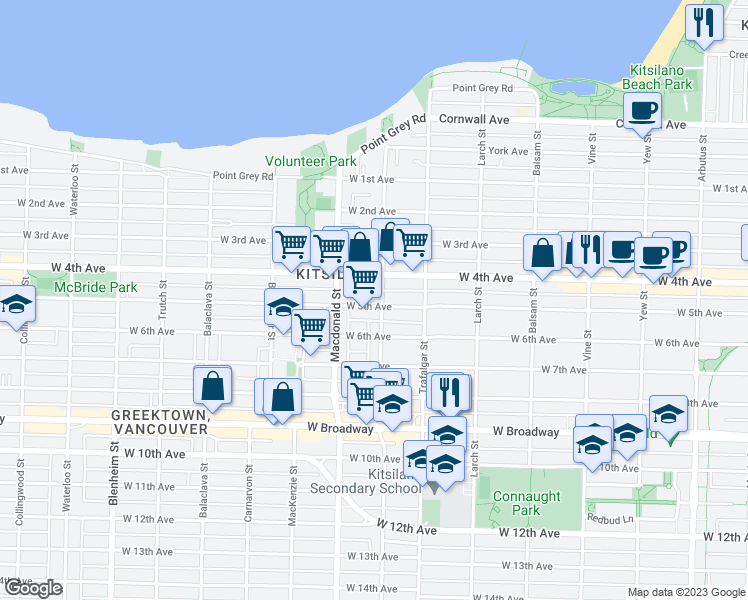 map of restaurants, bars, coffee shops, grocery stores, and more near 2705 West 5th Avenue in Vancouver