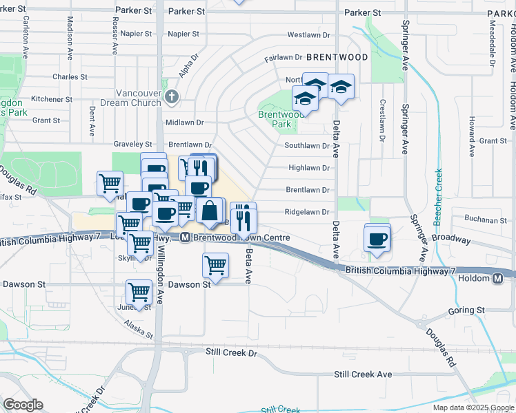 map of restaurants, bars, coffee shops, grocery stores, and more near 4711 Ridgelawn Drive in Burnaby