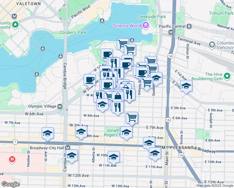 map of restaurants, bars, coffee shops, grocery stores, and more near 153 West 4th Avenue in Vancouver
