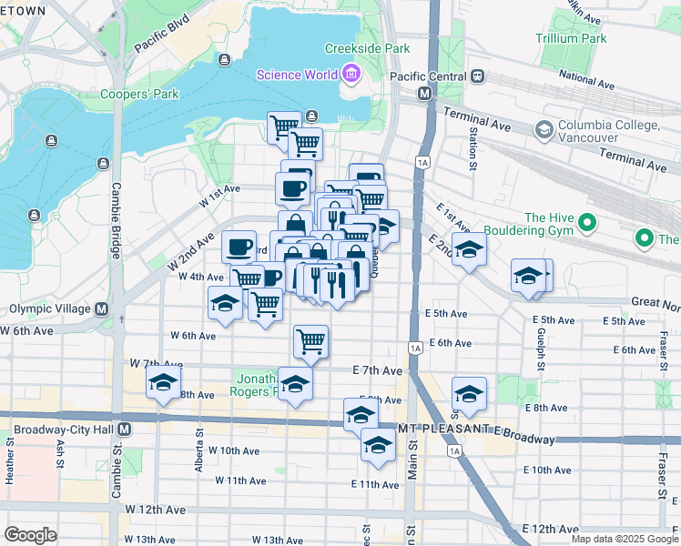 map of restaurants, bars, coffee shops, grocery stores, and more near in Vancouver