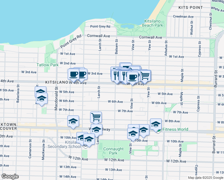 map of restaurants, bars, coffee shops, grocery stores, and more near 2409 West 5th Avenue in Vancouver