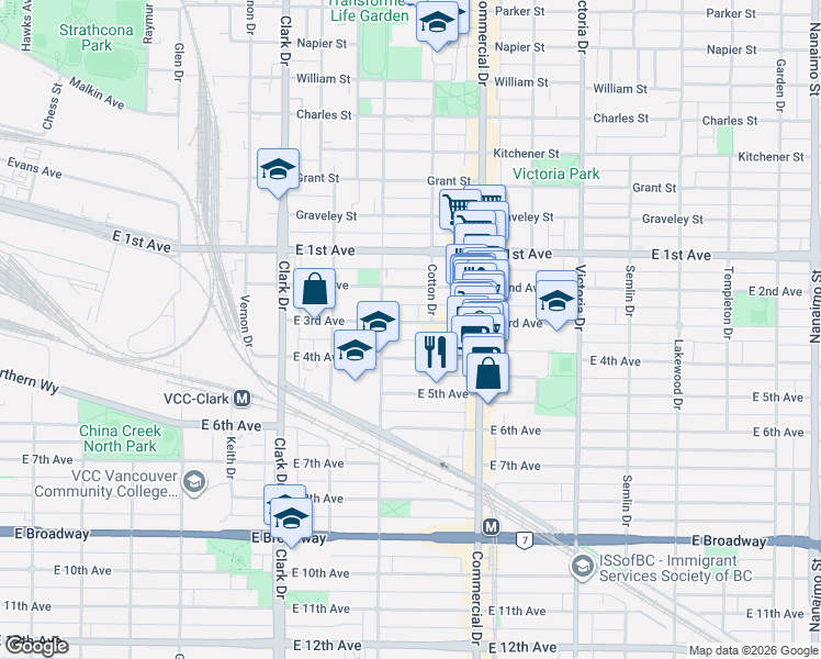 map of restaurants, bars, coffee shops, grocery stores, and more near 1550 East 3rd Avenue in Vancouver