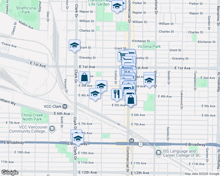 map of restaurants, bars, coffee shops, grocery stores, and more near in Vancouver