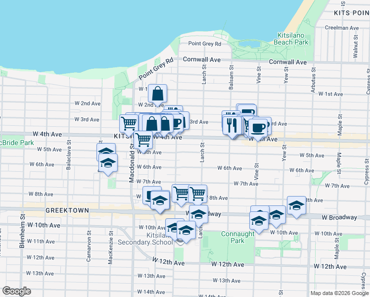 map of restaurants, bars, coffee shops, grocery stores, and more near 2565 West 5th Avenue in Vancouver